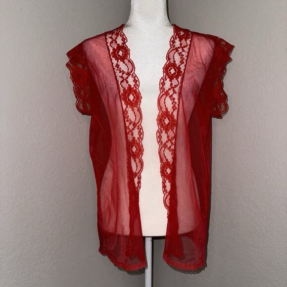 Vintage Red Trim Lace Short Sheer Mesh Nightie Robe Lingerie Women’s Small - Picture 1 of 9